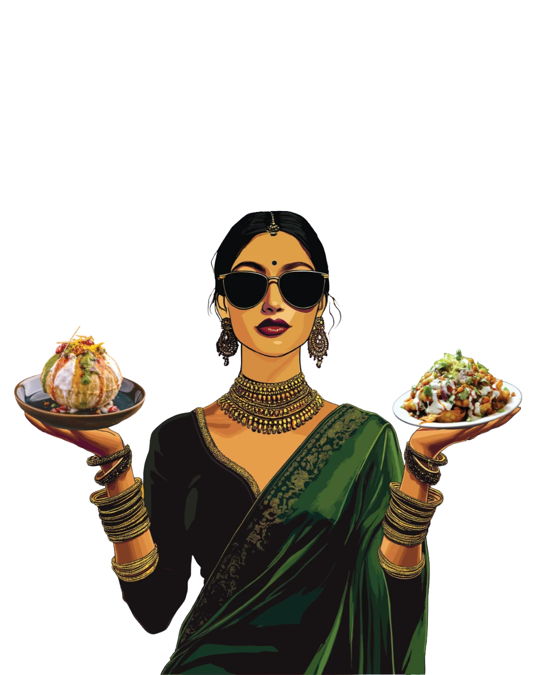 Illustrated Chatori Gali host holding two chaat dishes