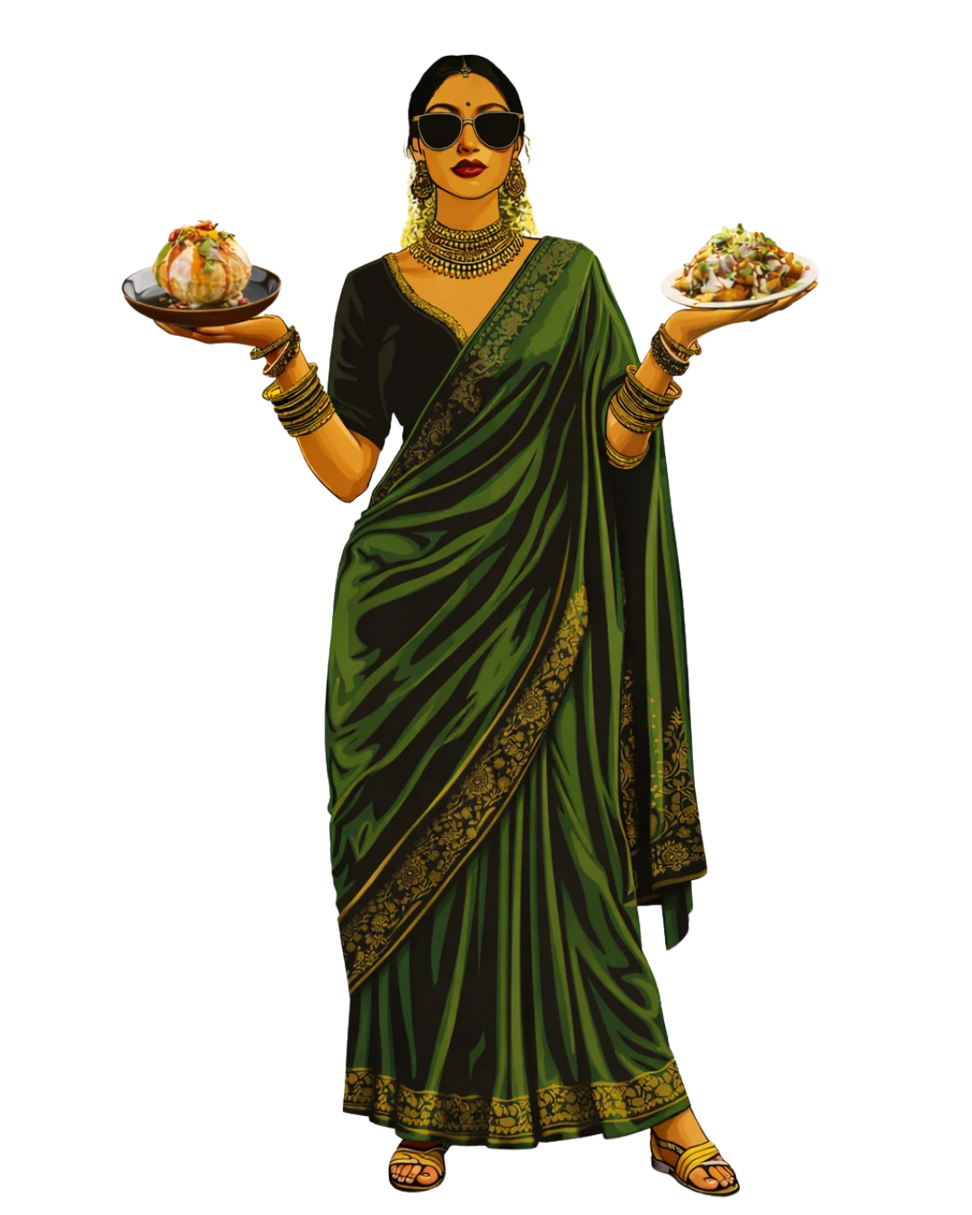 Illustrated Chatori Gali host holding two chaat dishes